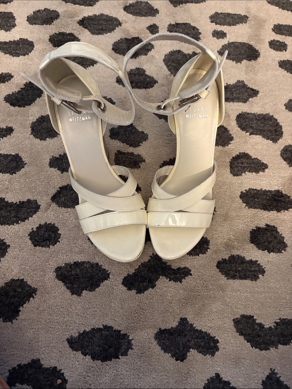 Stuart Weitzman Cream Patent Leather Strappy Ankle-Heel Sandals